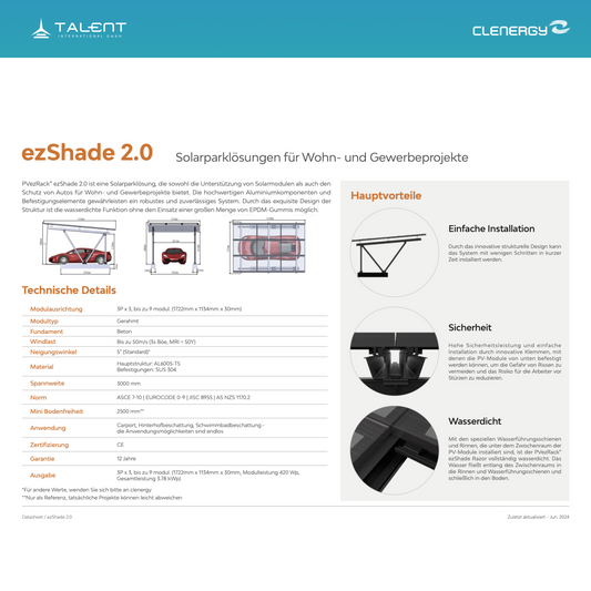 Solarcarport Einzel Clenergy PV-Gestellsystem ezShade 2.0 inkl. 9x 455W Bifazial Full Black Module