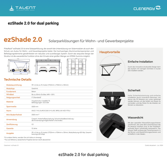 Dual Solarcarport Clenergy PV-Gestellsystem ezShade 2.0 inkl. 15x 455W Bifazial Full Black Solar Module