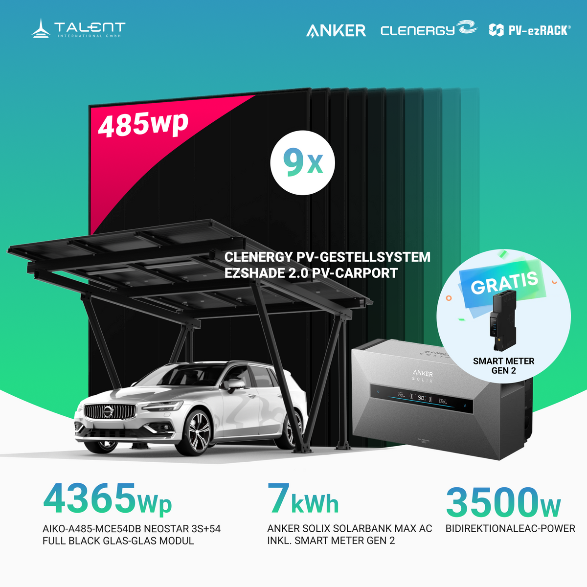 Solarcarport Einzel Clenergy ezShade 2.0 – 9 × 485W AIKO Full Black (4 kWp) & Anker SOLIX Solarbank Max AC