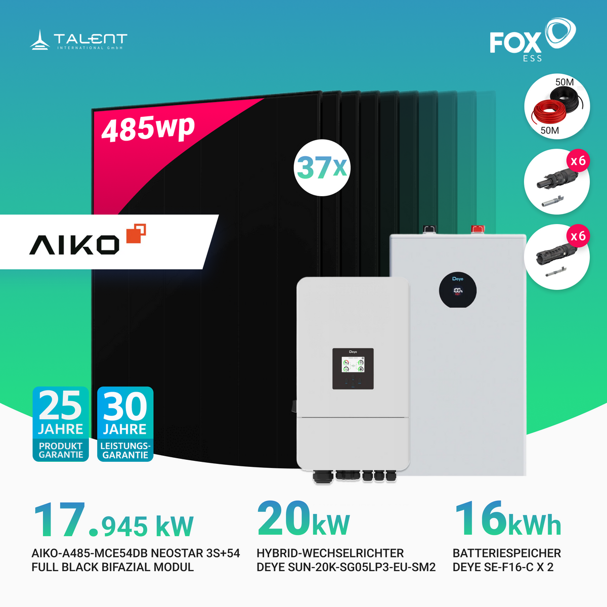 PV Komplettset 18 kWp - 37 × 485W AIKO Full Black & Deye 20 kW Hybrid-Wechselrichter SUN-20K-SG05LP3-EU-SM2 mit Deye SE-F16-C 16 kWh Batteriespeicher