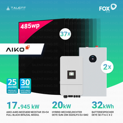 PV Komplettset 18 kWp - 37 × 485W AIKO Bifazial Full Black & Deye 20kW Hybrid-Wechselrichter SUN-20K-SG05LP3-EU-SM2 mit SE-F16-C Batteriespeicher (16 kWh / 32 kWh)