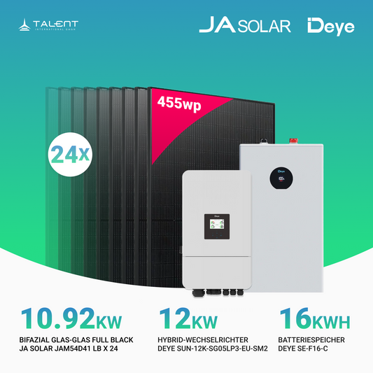PV Komplettset 10.92 kWp - 24 × JA Solar 455W Bifazial Full Black & Deye 12KW Wechselrichter SUN-12K-SG05LP3-EU-SM2 mit SE-F16-C Batteriespeicher ( 16kWh / 32kWh )