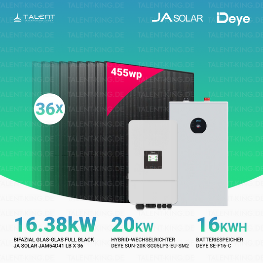 PV Komplettset 16 kWp - 36 × 455W Bifazial Full Black Glas-Glas Module & Deye SUN-20K-SG05LP3-EU-SM2 mit 16/32 kWh Speicher & Unterkonstruktion