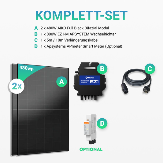 960W Balkonkraftwerk - 2× AIKO 480W Full Black + 800W EZ1-M Apsystem Wechselrichter (Optional mit APmeter Smart Meter)