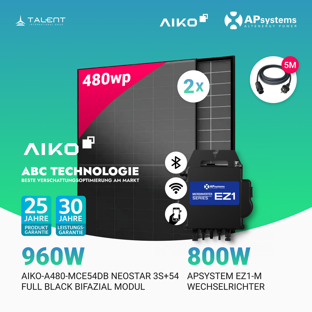 960W Balkonkraftwerk - 2× AIKO 480W Full Black + 800W EZ1-M Apsystem Wechselrichter (Optional mit APmeter Smart Meter)
