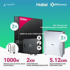 APsystems EZHI Balkonkraftwerk – Hybrid & Insel-System mit 5kWh / 10kWh Speicher + 1000W (2×500W) Bifazial Full Black PV Modulen, AC 2000W