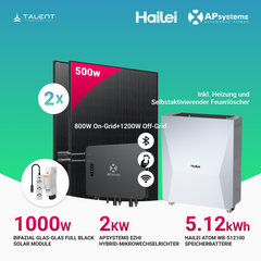 APsystems EZHI Balkonkraftwerk – Hybrid & Insel-System mit 5kWh / 10kWh Speicher + 1000W (2×500W) Bifazial Full Black PV Modulen, AC 2000W
