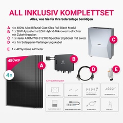 APsystems EZHI Balkonkraftwerk – Insel- & Hybrid-System mit 5kWh / 10kwh Speicher +  1920W (4×480W) Aiko Bifacial Glas Full Black Modul, AC2000W