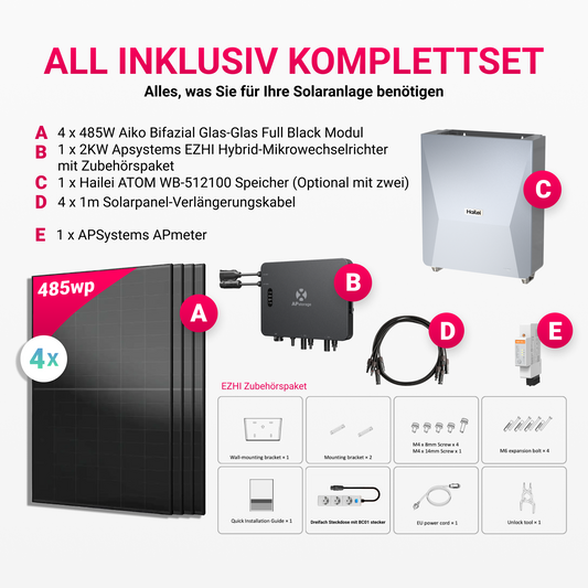APsystems EZHI Balkonkraftwerk – Insel- & Hybrid-System mit 5kWh / 10kwh Speicher +  1940W (4×485W) Aiko Bifacial Glas Full Black Modul, AC2000W