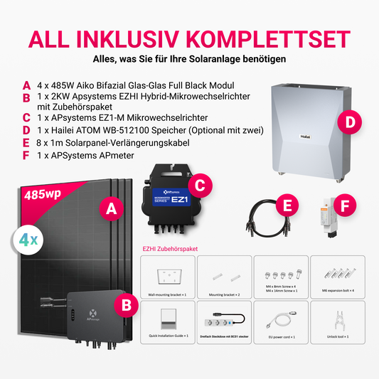 APsystems EZHI + EZ1M Set: Insel- & Hybrid-System + 5 kWh / 10 kWh Speicher + 1940W (4×485W) Aiko Bifacial Glas Full Black Modulen + AC Leistung 2800W