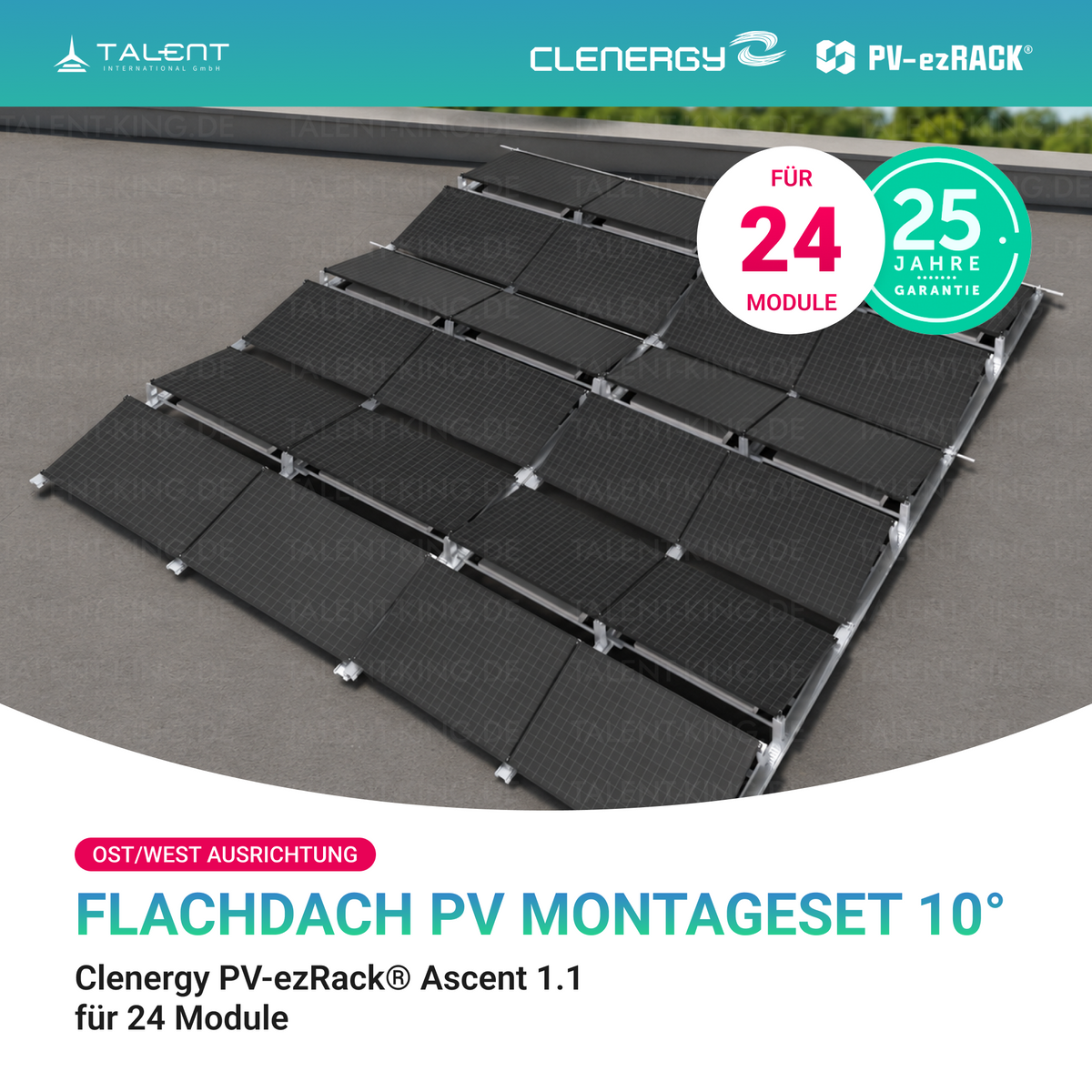 Clenergy PVezRack® Ascent 1.1: Flachdach in Ost/West-Ausrichtung PV Montageset für 24 Module ( neue ver. 2026 )