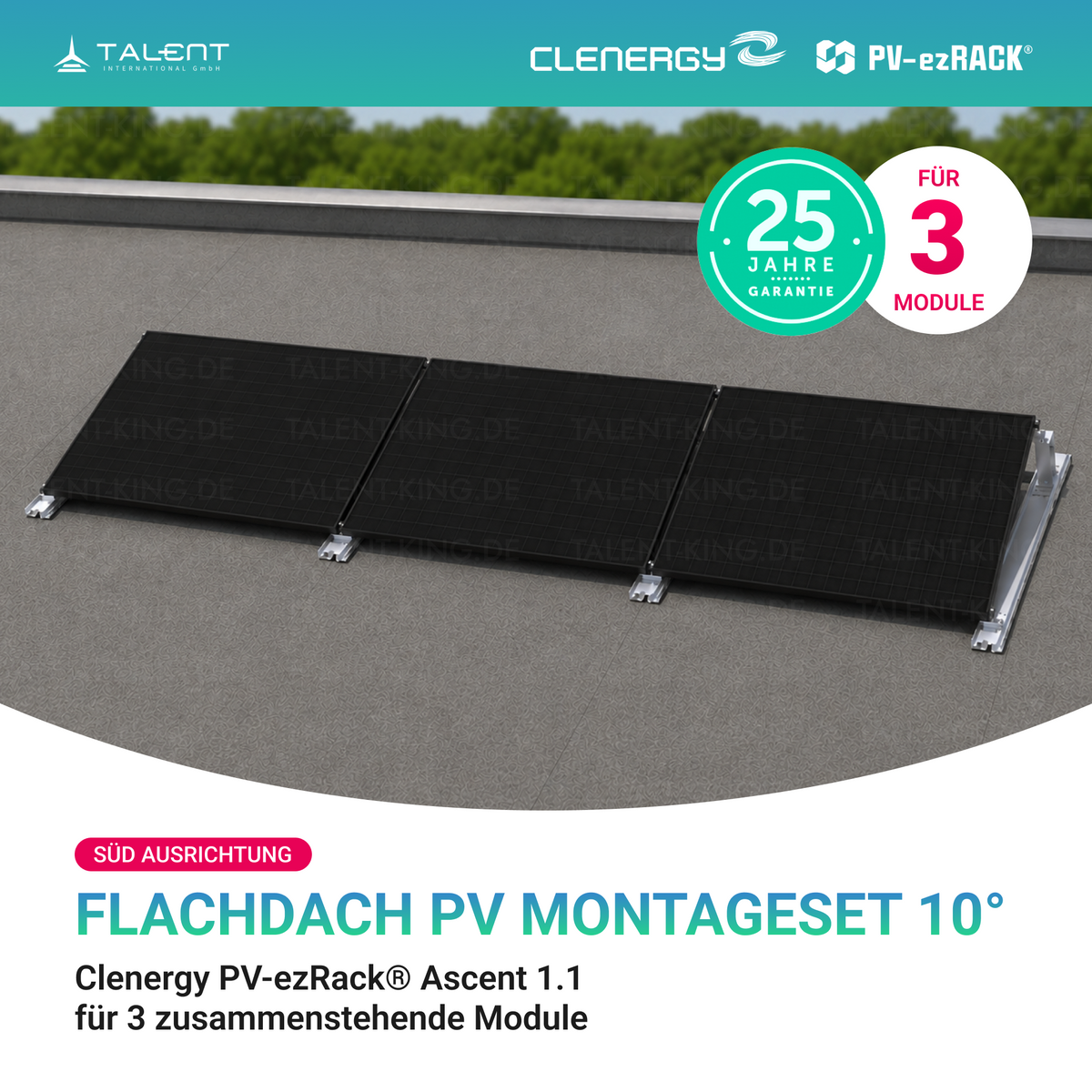 Clenergy PVezRack® Ascent 1.1: Flachdach in Süd-Ausrichtung PV Montageset für 3 zusammenstehende Module ( neue ver. 2026 )