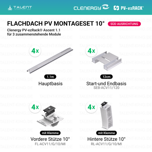 Clenergy PVezRack® Ascent 1.1: Flachdach in Süd-Ausrichtung PV Montageset für 3 zusammenstehende Module ( neue ver. 2026 )