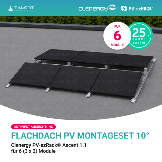 Clenergy PVezRack® Ascent 1.1: Flachdach in Ost/West-Ausrichtung PV Montageset fü 6 (3 x 2) Module ( neue ver. 2026 )