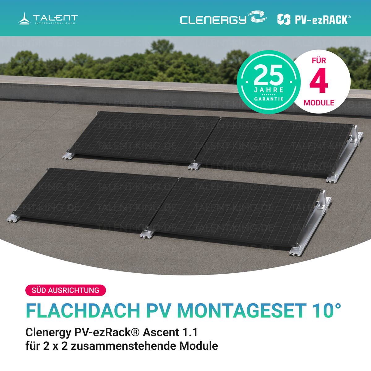 Clenergy PVezRack® Ascent 1.1: Flachdach in Süd-Ausrichtung PV Montageset für 2 x 2 zusammenstehende Module ( neue ver. 2026 )