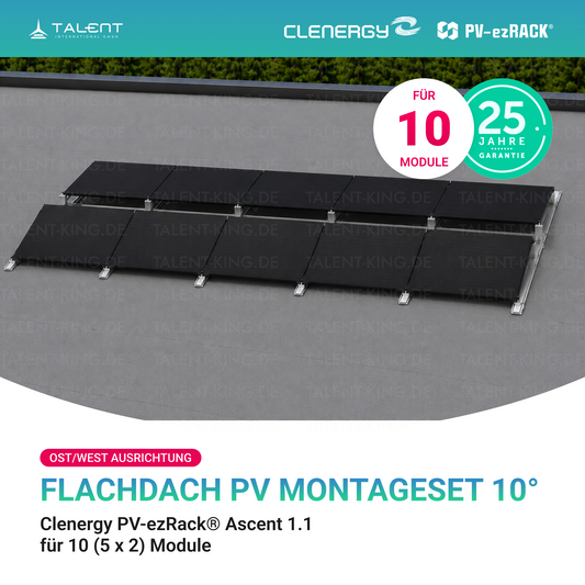 Clenergy PVezRack® Ascent 1.1: Flachdach in Ost/West-Ausrichtung PV Montageset fü 10 (5 x 2) Module ( neue ver. 2026 )