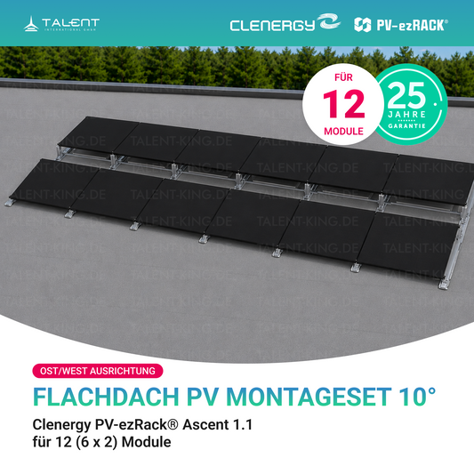 Clenergy PVezRack® Ascent 1.1: Flachdach in Ost/West-Ausrichtung PV Montageset fü 12 (6 x 2) Module ( neue ver. 2026 )