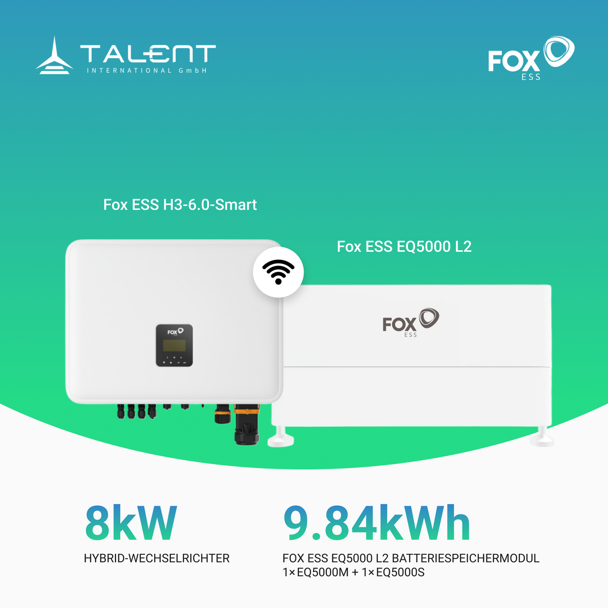 Fox ESS 8kW Hybrid Wechselrichter H3-8.0-Smart mit EQ5000 L2 Hochvoltspeicherbatterie 9.84kWh