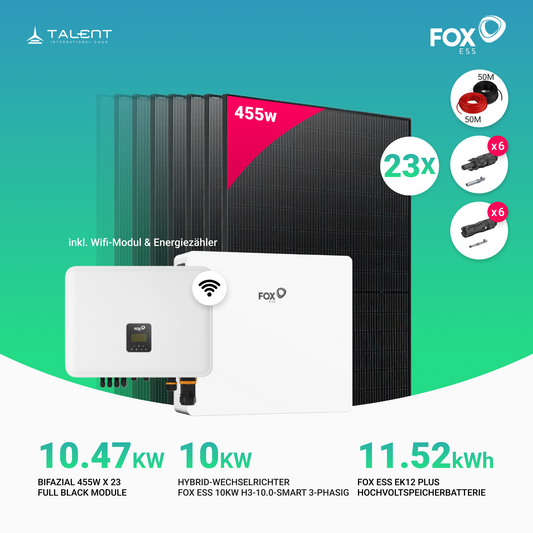 10kWp Fox ESS PV-Anlage - 23 × 455W Bifacial Full Black + FOX ESS 10kW H3-10.0-Smart 3-phasig Hybridwechselrichter & 11.52 kWh / 23.04 kWh EK12 Speicher inkl. Smart Meter – Notstromfähig