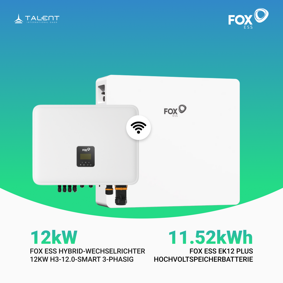 FOX ESS 12kW H3-12.0-Smart 3-phasig Hybridwechselrichter inkl. Wifi-Modul & Energiezähler mit EK12 Hochvoltspeicherbatterie 11.52kWh