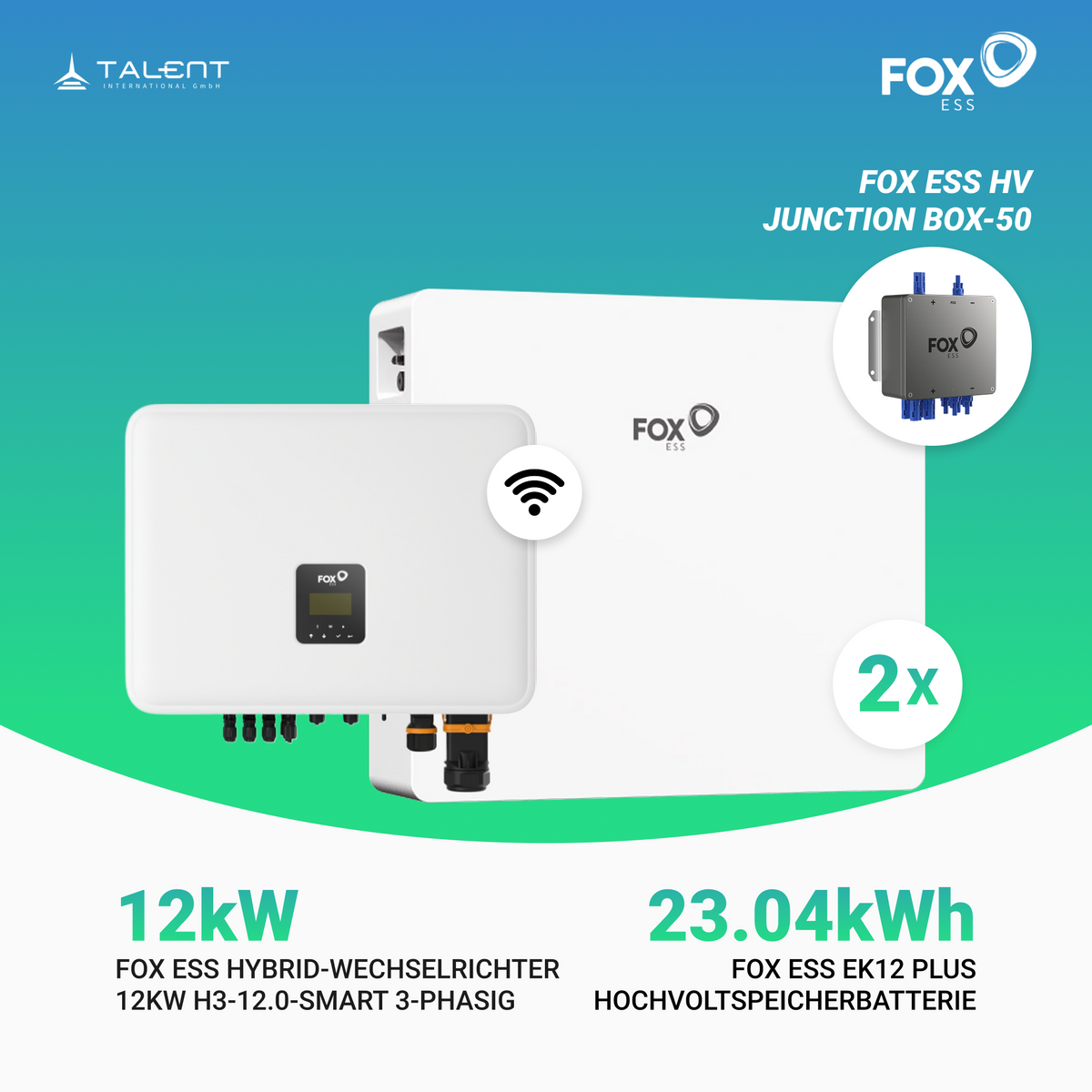 FOX ESS 12kW H3-12.0-Smart 3-phasig Hybridwechselrichter inkl. Wifi-Modul & Energiezähler mit EK12 Hochvoltspeicherbatterie 11.52kWh