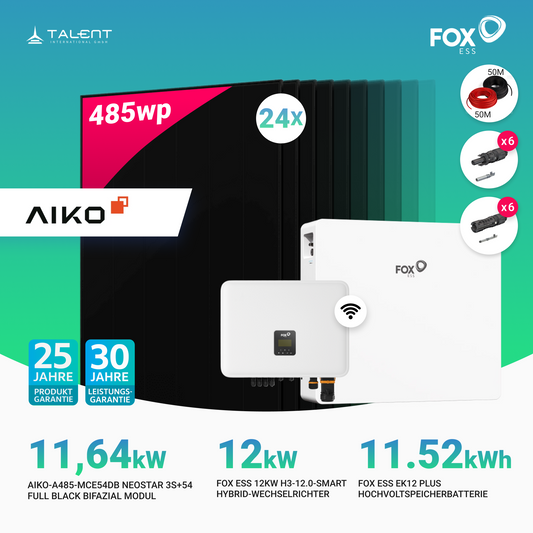 PV Komplettset 12 kWp - 24 × 485W AIKO Full Black & Fox ESS H3-12.0-Smart 12 kW Hybridwechselrichter mit EK12 Hochvoltspeicherbatterie 11,52 kWh