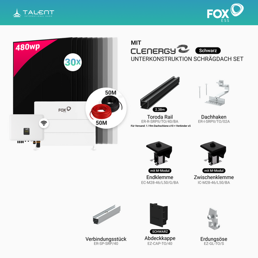 PV Komplettset 14 kWp - 30 × 480W AIKO Full Black & Fox ESS H3-15.0-Smart 15 kW Hybridwechselrichter mit Fox ESS DQ6.6 L3 Hochvoltspeicher (19,86 kWh)