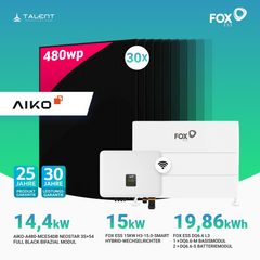 PV Komplettset 14 kWp - 30 × 480W AIKO Full Black & Fox ESS H3-15.0-Smart 15 kW Hybridwechselrichter mit Fox ESS DQ6.6 L3 Hochvoltspeicher (19,86 kWh)