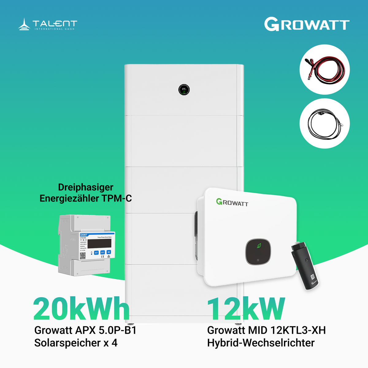 Growatt Komplettset - MID 12KTL3-XH 12kW Hybridwechselrichter 3-phasig & APX 20.0P Solarspeicher 20kWh (mit P2)