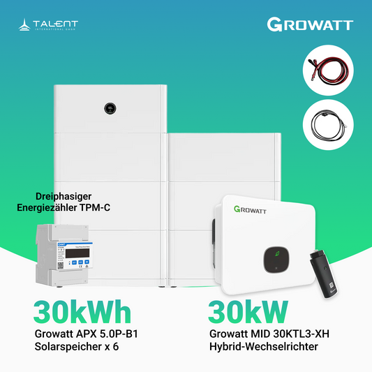 Growatt Komplettset - MID 30KTL3-XH 30kW Hybridwechselrichter 3-phasig & APX 30.0P Solarspeicher 30kWh (mit P2)