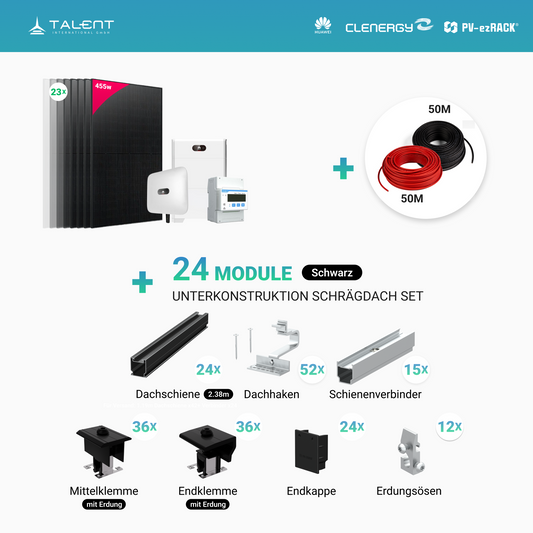 Huawei E24-PV-SET2-HH-10-10 PV-Paket Wechselrichter 10 kW + Speichersystem 10 kWh + Smart meter + 10kW Bifaziales Solar Modul (Option: mit Unterkonstruktion Schrägdach Set)