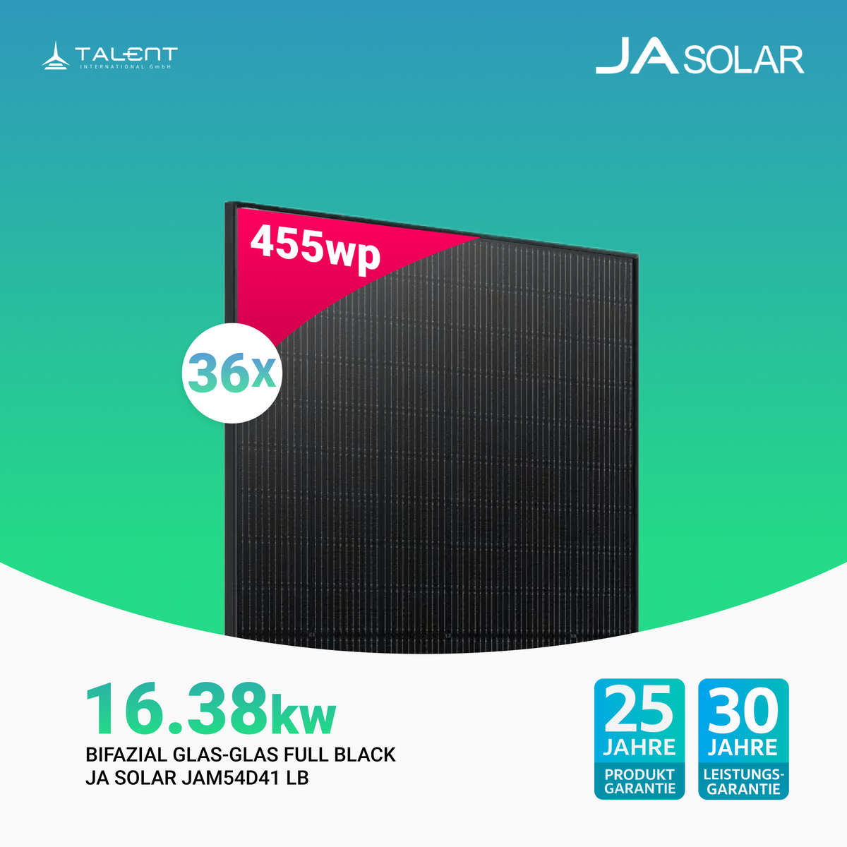 JA Solar 455W Bifazial Glas-Glas Full Black JAM54D41 LB (Staffelpreis)