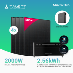 2000W Balkonkraftwerk mit Speicher - 4x 500W Bifazial Transparentes Glas-Glas Full Black Modul & Marstek Venus D