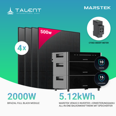 2000W Balkonkraftwerk mit Speicher - 4x 500W Bifazial Transparentes Glas-Glas Full Black Modul & Marstek Venus D