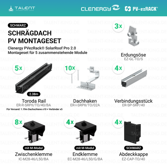 Clenergy PV-ezRack® SolarRoof Pro 2.0 Unterkonstruktion Schrägdach Set für 5 zusammenstehende Module in Schwarz ( neue ver. 2026 )