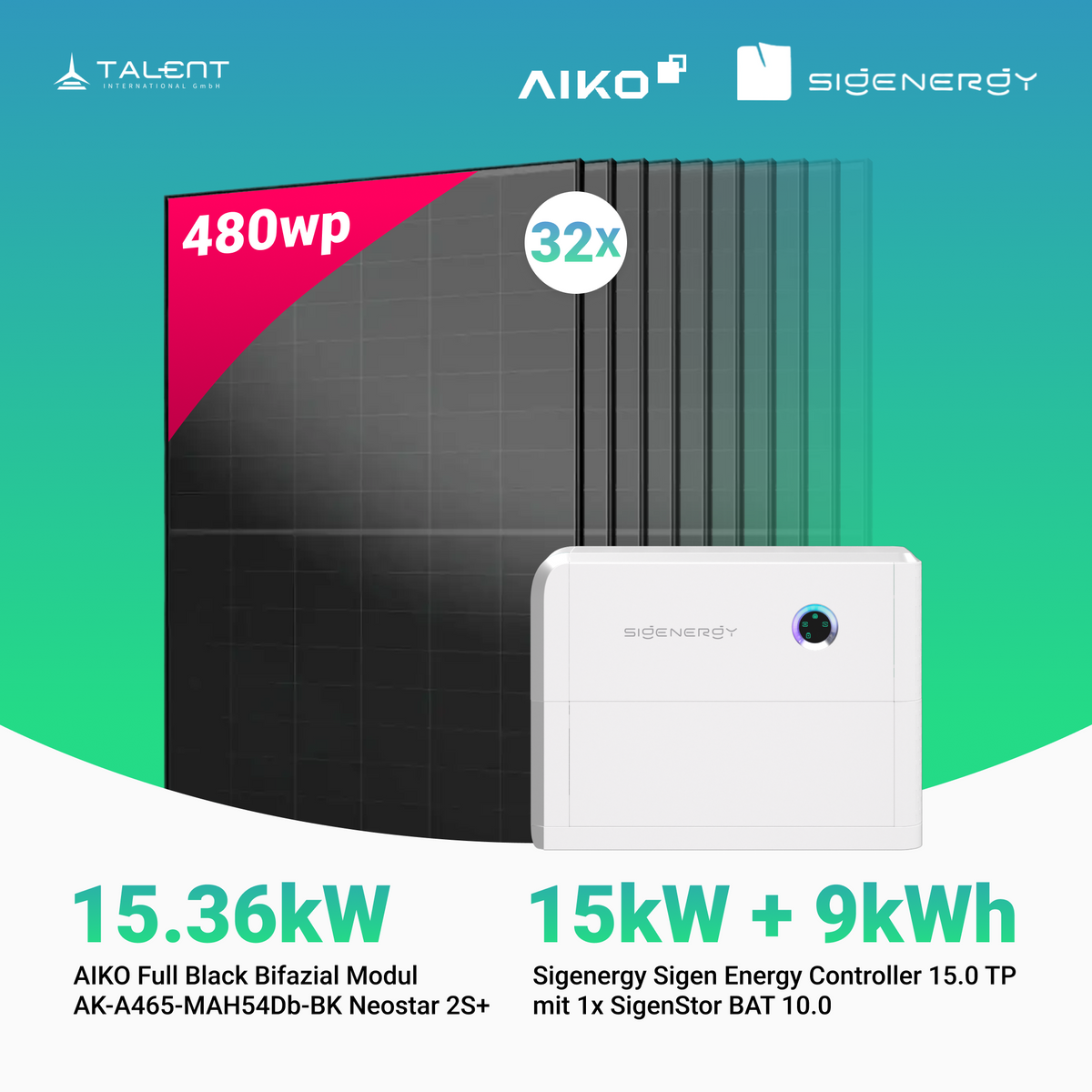 PV Komplettset 15.36 kWp - 32 × AIKO 480W Full Black & Sigenergy Sigen Energy Controller 15.0 TP 15kW mit Speicheroption