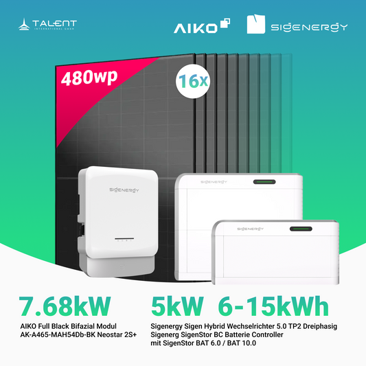 PV Komplettset 7.68 kWp - 16 × AIKO 480W Full Black & Sigenergy Sigen Hybrid Wechselrichter 5.0 TP2 5kW Dreiphasig mit Speicheroption