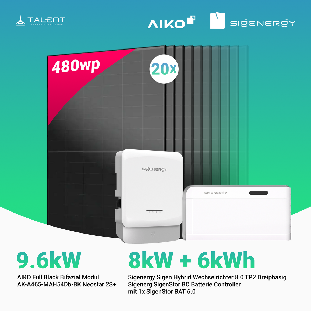 PV Komplettset 9.6 kWp - 20 × AIKO 480W Full Black & Sigenergy Sigen Hybrid Wechselrichter 8.0 TP2 8kW Dreiphasig mit Speicheroption