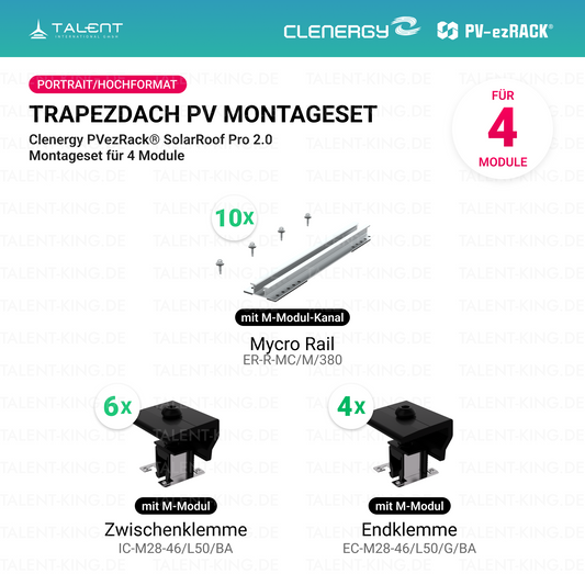 Clenergy PV-ezRack® SolarRoof Pro 2.0 Unterkonstruktion Trapezdach Montageset für 4 Module (Portrait/Hochformat) neue ver. 2026
