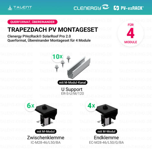 Clenergy PV-ezRack® SolarRoof Pro 2.0 Unterkonstruktion Trapezdach Montageset für 4 Module (Querformat, Übereinander) neue ver. 2026