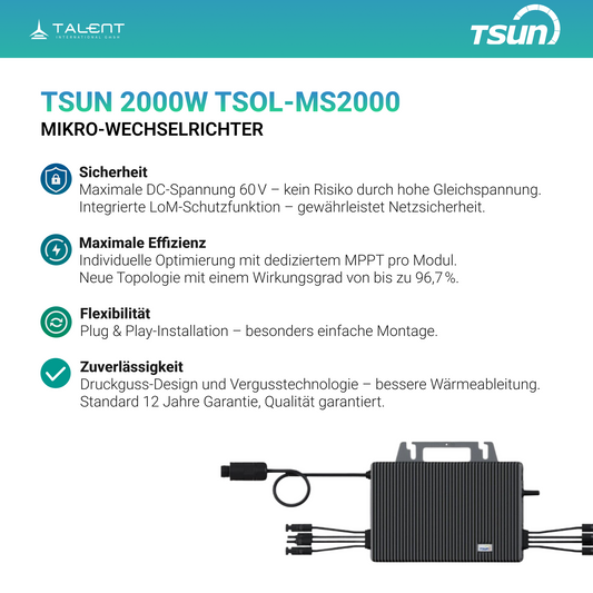 2000W Balkonkraftwerk mit Speicher - 4x 500W Bifazial Transparentes Glas-Glas Full Black Modul & TSUN 2000W TSOL-MS2000 Mikro-Wechselrichter