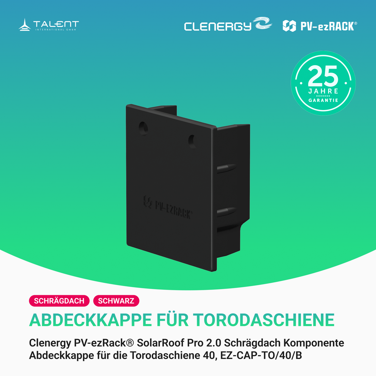 Clenergy PV-ezRack® SolarRoof Pro 2.0 Unterkonstruktion Schrägdach Komponente - Abdeckkappe für TorodaSchiene EZ-CAP-TO/40/B in Schwarz